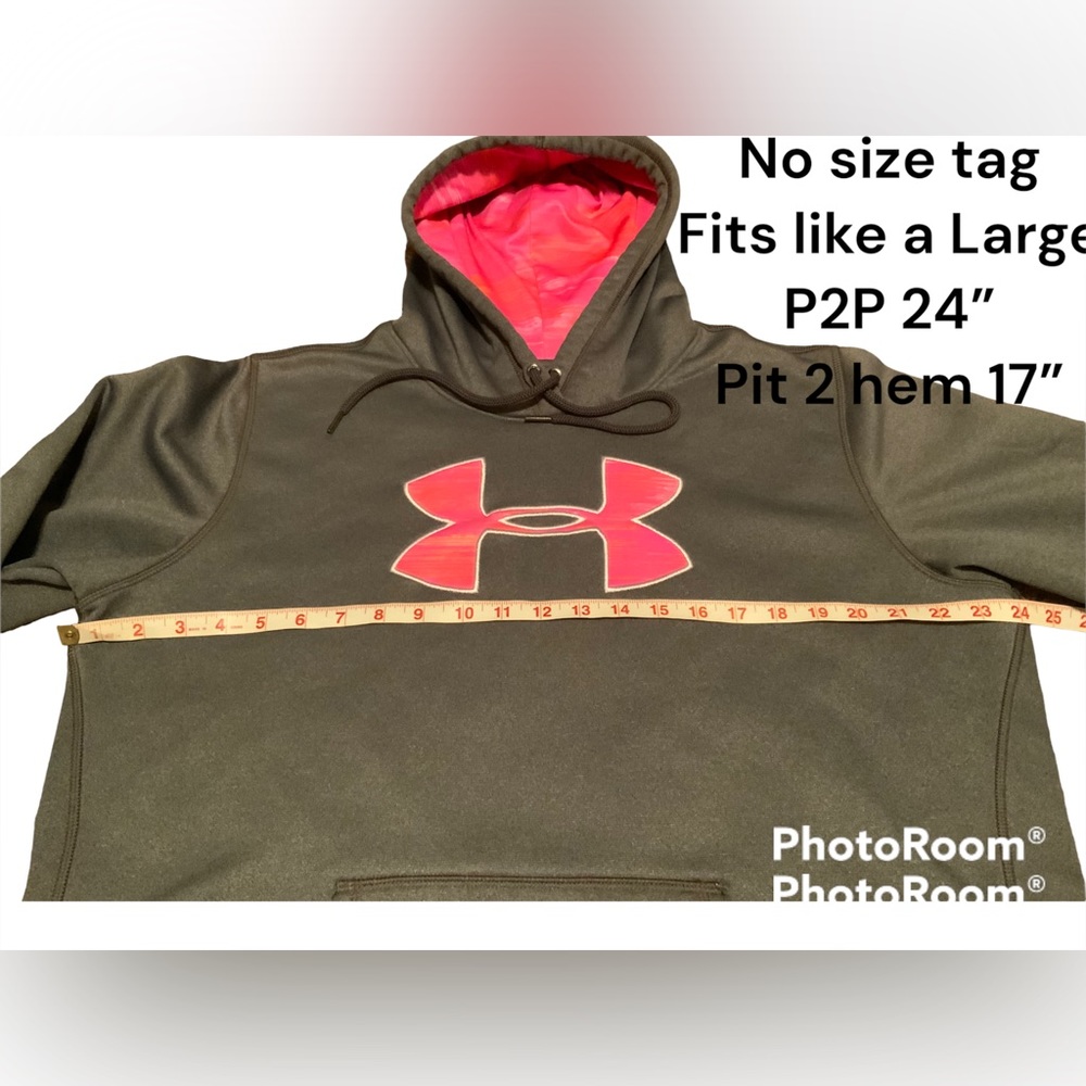 Women’s L Under Armour Hooded Sweatshirt Grey Pink.  Dark Gray with Pink symbol